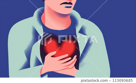 Man holding his heart in his hand taking care of heart health and protecting his heart 113093685