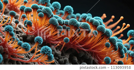 Microscopic magnification of growing molds or mold fungus and spores - ai generated 113093958