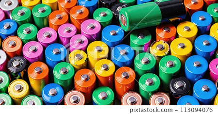 Colorful pile of used round shaped consumer batteries - ai generated Colorful pile of used round shaped consumer batteries - ai generated 113094076