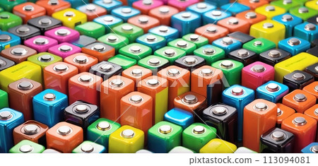 Colorful pile of used round shaped consumer batteries - ai generated Colorful pile of used round shaped consumer batteries - ai generated 113094081