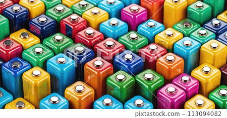 Colorful pile of used round shaped consumer batteries - ai generated Colorful pile of used round shaped consumer batteries - ai generated 113094082