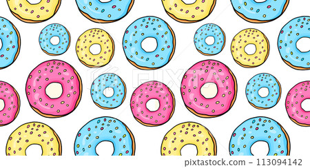 Sweet seamless pattern with donuts vector illustrations 113094142