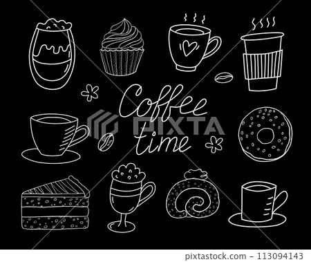 Hand drawn coffee and desserts collection. Doodle tea cups, coffee cups and bakery isolated on black background. 113094143