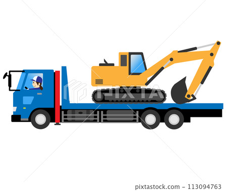 A woman driving a self-loader loaded with an excavator 113094763