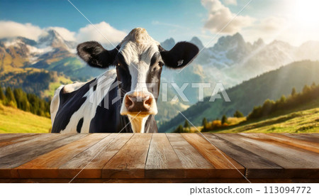Empty Wooden Table and a Dairy Cow on a Mountain Landscape - Generative Ai 113094772