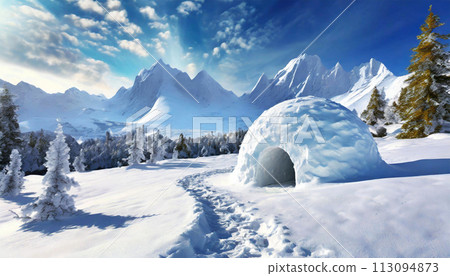 Ice Igloo and Footpath in a Beautiful Winter Landscape - Generative Ai Ice Igloo and Footpath in a Beautiful Winter Landscape - Generative Ai 113094873