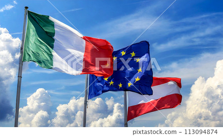 Italian Austrian and European Union Flags Blowing in the Wind on Blue Sky - Generative Ai 113094874