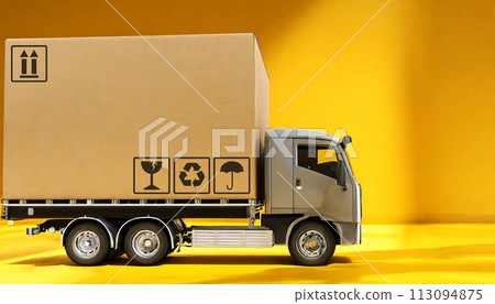 Large Cardboard Box Package on a Gray Truck Ready to be Delivered - Generative Ai Large Cardboard Box Package on a Gray Truck Ready to be Delivered - Generative Ai 113094875