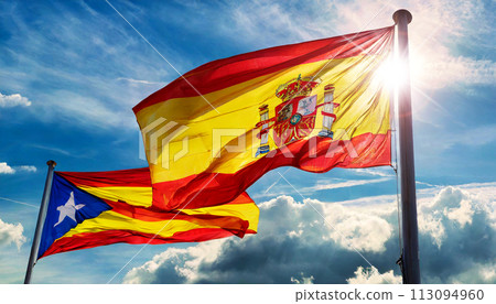 Spanish and Catalan Flags Blowing in the Wind on Blue Sky with Clouds - Generative Ai 113094960