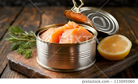 Closeup of a Salmon Fish Fillet in an Open Can - Generative Ai Closeup of a Salmon Fish Fillet in an Open Can - Generative Ai 113095060
