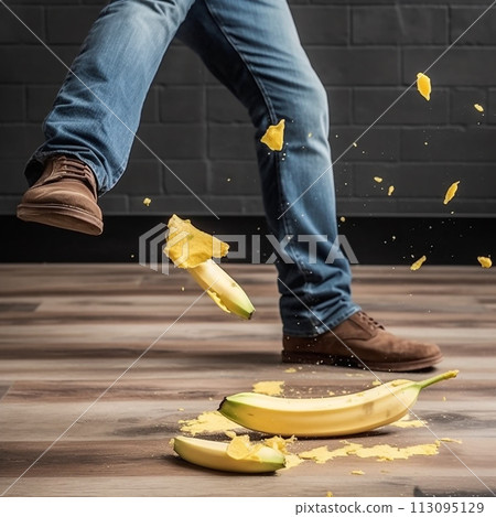 Person is balancing precariously on top of banana peel, risking slip and potential fall. Yellow peel stands out against ground, creating hazardous situation. 113095129