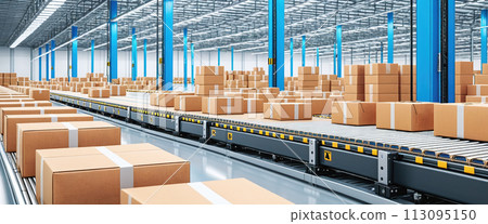 Cardboard boxes on conveyor belts and rows of boxes in a distribution warehouse - ai generated 113095150