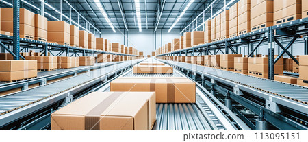 Cardboard boxes on conveyor belts and rows of boxes in a distribution warehouse - ai generated Cardboard boxes on conveyor belts and rows of boxes in a distribution warehouse - ai generated 113095151