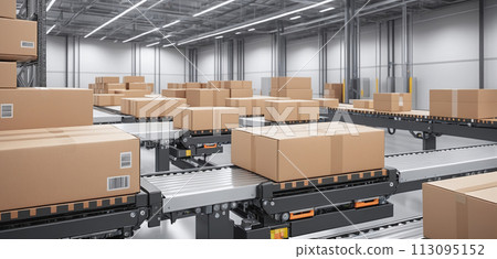 Cardboard boxes on conveyor belts and rows of boxes in a distribution warehouse - ai generated 113095152