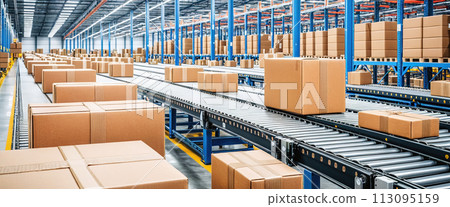 Cardboard boxes on conveyor belts and rows of boxes in a distribution warehouse - ai generated Cardboard boxes on conveyor belts and rows of boxes in a distribution warehouse - ai generated 113095159