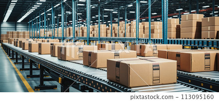 Cardboard boxes on conveyor belts and rows of boxes in a distribution warehouse - ai generated 113095160