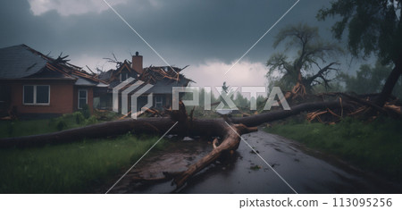 Severe damage to houses, nature and landscape due to increasing number of hurricanes 113095256