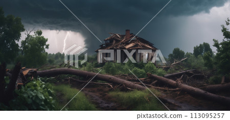 Severe damage to houses, nature and landscape due to increasing number of hurricanes 113095257