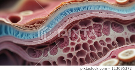 Close-up of the structure and composition of the different layers of skin and organic surface tissue - ai generated 113095372