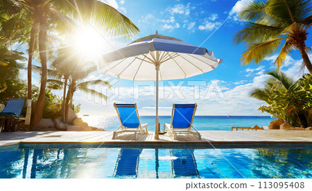 Umbrella and Deck Chairs at the Poolside with Beautiful Seascape on Background - Generative Ai 113095408
