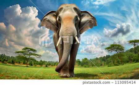Wild Indian Elephant Walking on Green Grass Field Near the Forest - Generative Ai 113095414