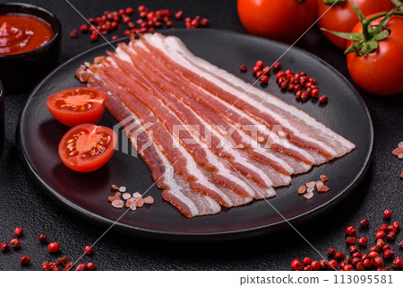 Fresh raw bacon sliced with spices and herbs 113095581