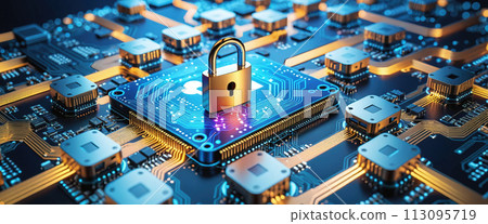 Protecting data and maintaining Privacy with security concept - padlock on computer circuit board - ai genrated Protecting data and maintaining Privacy with security concept - padlock on computer circuit board - ai genrated 113095719