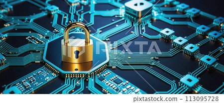 Protecting data and maintaining Privacy with security concept - padlock on computer circuit board - ai genrated 113095728