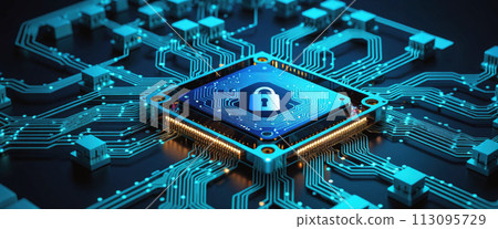 Protecting data and maintaining Privacy with security concept - padlock on computer circuit board - ai genrated 113095729