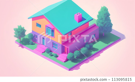 Isometric view of a detached single-family house in very colorful color combinations of the eighties - ai generated 113095815