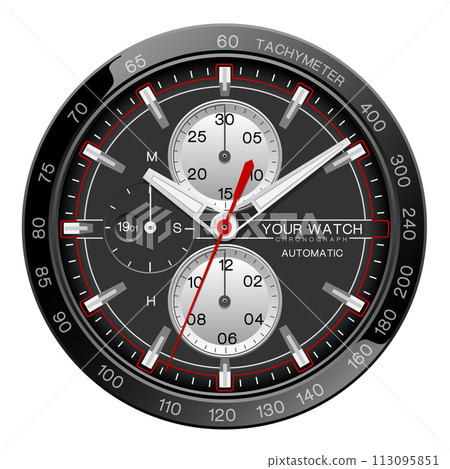 Realistic watch clock chronograph silver black red line white number dashboard face for men design luxury on white background vector Realistic watch clock chronograph silver black red line white number dashboard face for men design luxury on white background vector 113095851