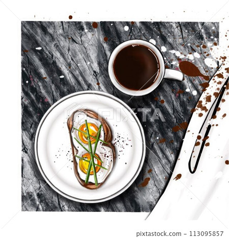 breakfast coffee and scrambled eggs picture for the coffee shop menu hand drawing. High quality hand-drawn picture 113095857