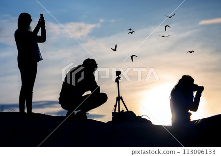 silhouettes of people taking pictures against the setting sun silhouettes of people taking pictures against the setting sun 113096133