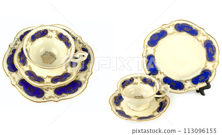 Vintage porcelain cups and saucers isolated on white. Collage. Wide photo. Vintage porcelain cups and saucers isolated on white. Collage. Wide photo. 113096155