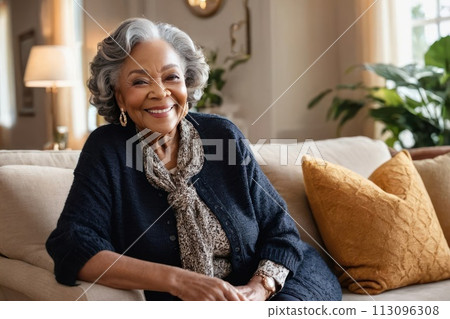 Portrait of beautiful smiling old black woman sitting at home. Generative AI 113096308