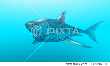 Ocean shark bottom view from below. Open toothy dangerous mouth with many teeth. Underwater blue sea waves clear water shark vector illustration 113096311