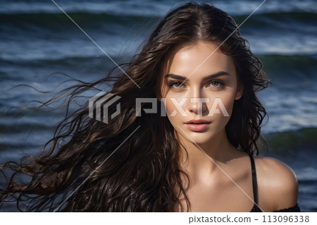 Portrait beautiful model woman with wet flowing healthy long hair and beauty skin, sea waves on 113096338