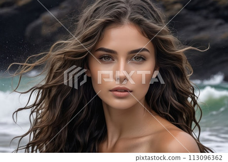 Portrait beautiful model woman with wet flowing healthy long hair and beauty skin, sea waves on 113096362