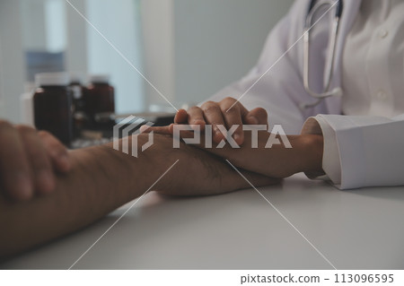 Homecare nursing service and elderly people cardiology healthcare. Close up of young hispanic female doctor nurse check mature caucasian man patient heartbeat using stethoscope during visit Homecare nursing service and elderly people cardiology healthcare. Close up of young hispanic female doctor nurse check mature caucasian man patient heartbeat using stethoscope during visit 113096595