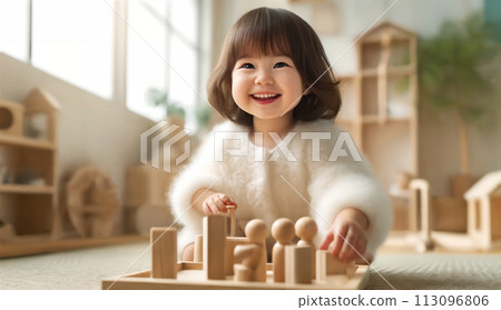 Girl playing with wooden toys 1 Girl playing with wooden toys 1 113096806