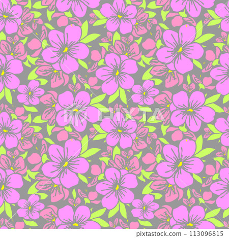 symmetrical seamless pattern of pink flowers on a gray background, texture, design 113096815