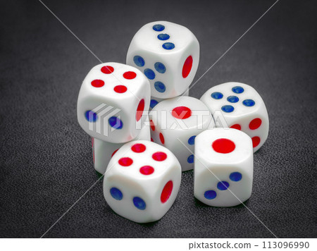 Eight dice on a dark background. Close-up. 113096990