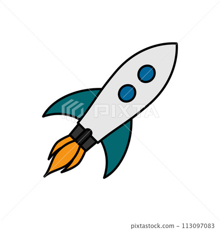 Rocket space ship. Space rocket launch with fire. Business start up concept. 113097083