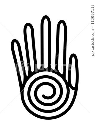Human hand with spiral, healing hand symbol of native Americans. Decorative Aztec clay stamp motif, found in pre-Columbian San Andres Tuxtla, Veracruz. Fingers connected with a linear spiral as palm. 113097112
