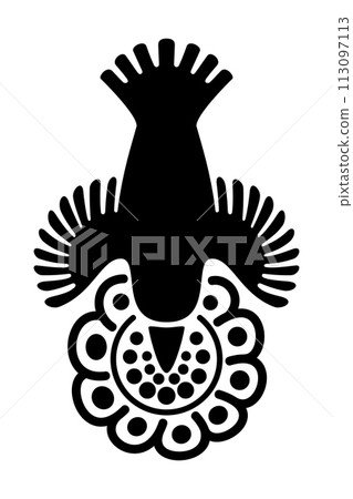 Hummingbird over a flower, motif and symbol of Aztec god Huitzilopochtli, whose name means Huitzilin or Hummingbird of the South. Decorative Aztec clay stamp motif found in pre-Columbian Mexico City. 113097113