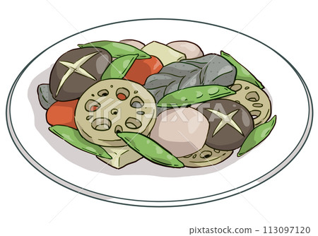 Colorful simmered dishes served on a white plate Colorful simmered dishes served on a white plate 113097120