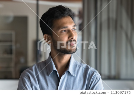 Serious thoughtful Indian business man in casual standing in office Serious thoughtful Indian business man in casual standing in office 113097175