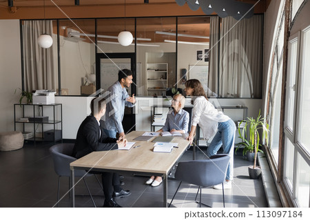 Diverse team of younger and older coworkers brainstorming at meeting 113097184