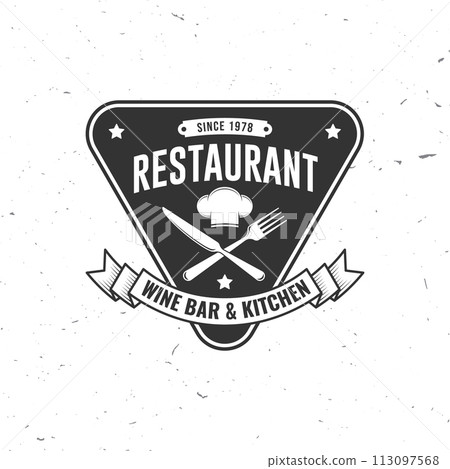Restaurant shop, menu logo. Vector Illustration. Vintage graphic design for logotype, label, badge with chef hat, fork and knife. Cooking, cuisine logo for menu restaurant or cafe. 113097568
