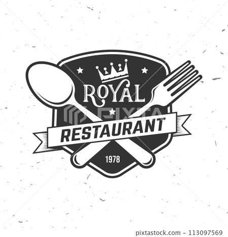 Royal Restaurant shop, menu logo. Vector Illustration. Vintage graphic design for logotype, label, badge with crown, fork and spoon. Cooking, cuisine logo for menu restaurant or cafe. 113097569